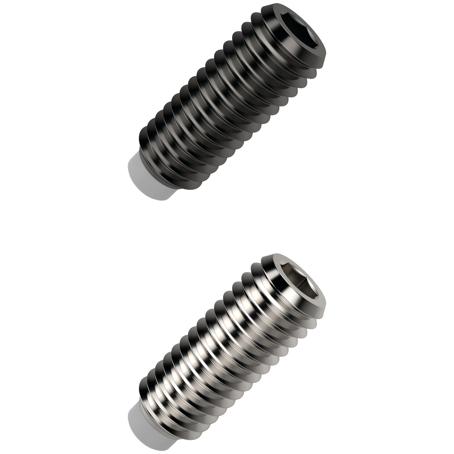 a black and a silver thrust screw with thermo plastic pads; sideways view diagonally
